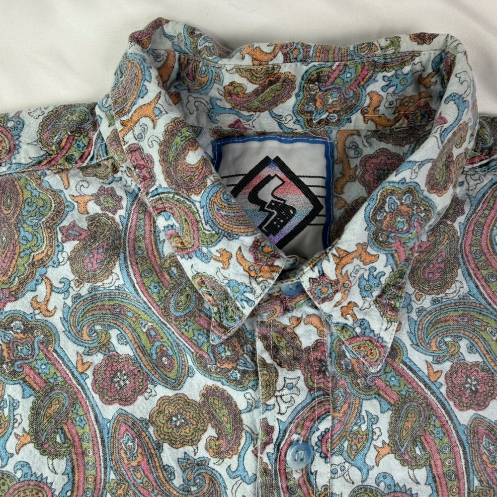 Vintage Santana Paisley Button Down Shirt Short Sleeve Multi Color Boho Mens XL